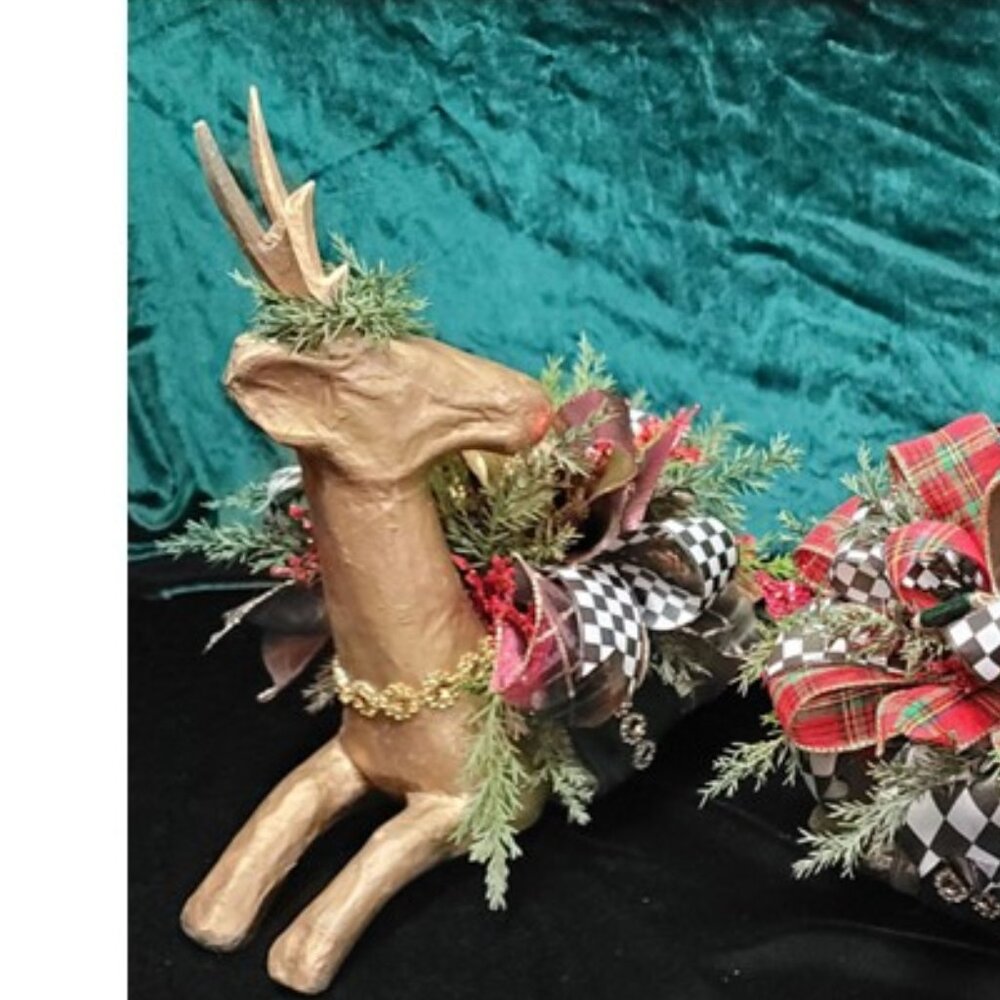 Holiday Christmas Paper Mache Deer Centerpiece, Rustic‎ Glam Green Velvet…